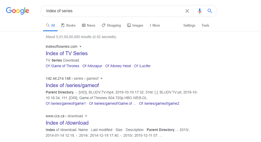 Index of Series and Web series google search results