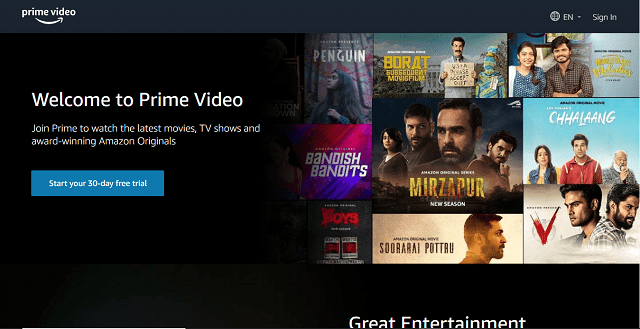 Amazon Prime Videos Homepage