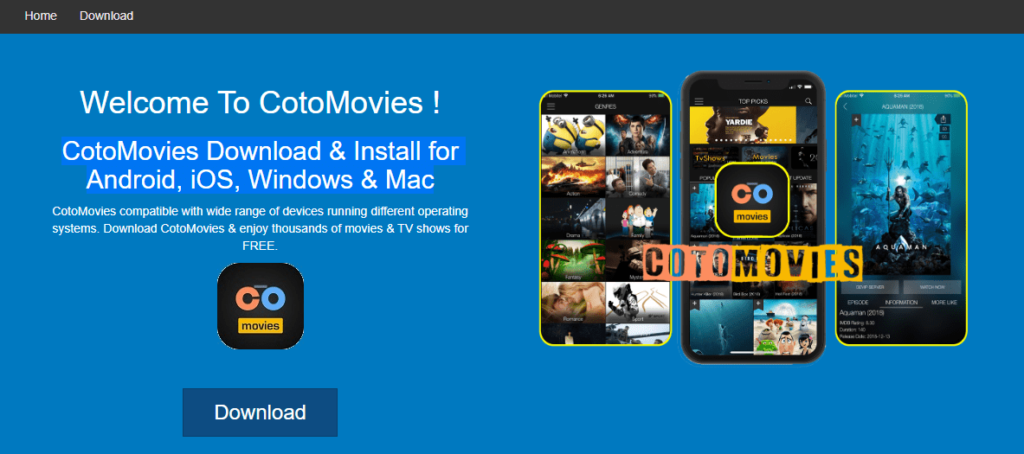 CotoMovies App and Apk for Android, iOS, Windows and Mac Homepage